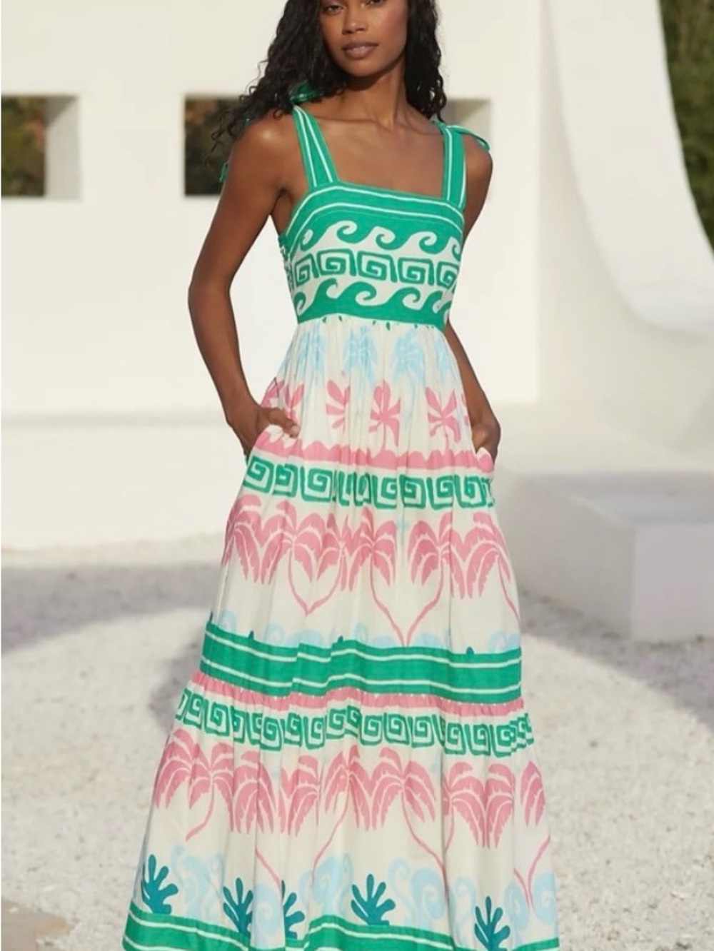 Beach Riot Green, Pink & Light Blue Tiered Maxi Dress Size Small Tropical Palm - Picture 2 of 5